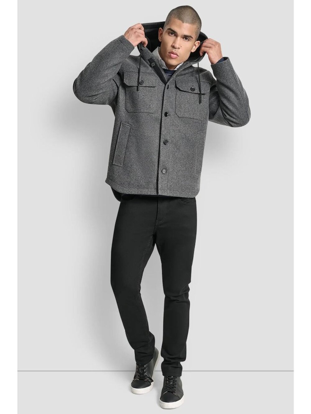 Banana Republic Mens Hodded Jacket Size Medium Gray Houndstooth Button Front